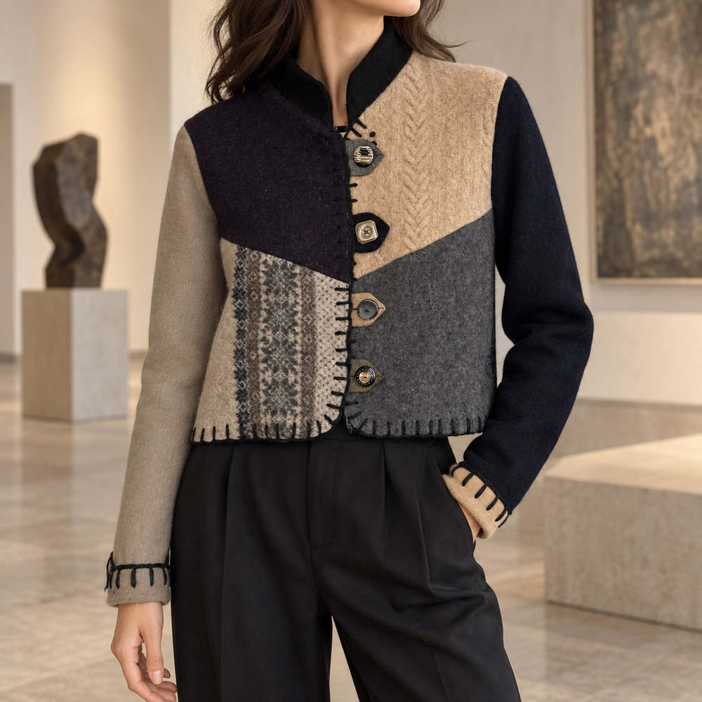 baabaaZuzu Women's S Upcycled Wool Patchwork Mandarin Jacket Wearable Art